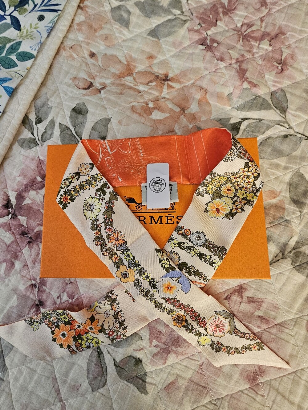 Hermes Orange and Red Silk Scarf with Floral Accent. 34" - Picture 3 of 5